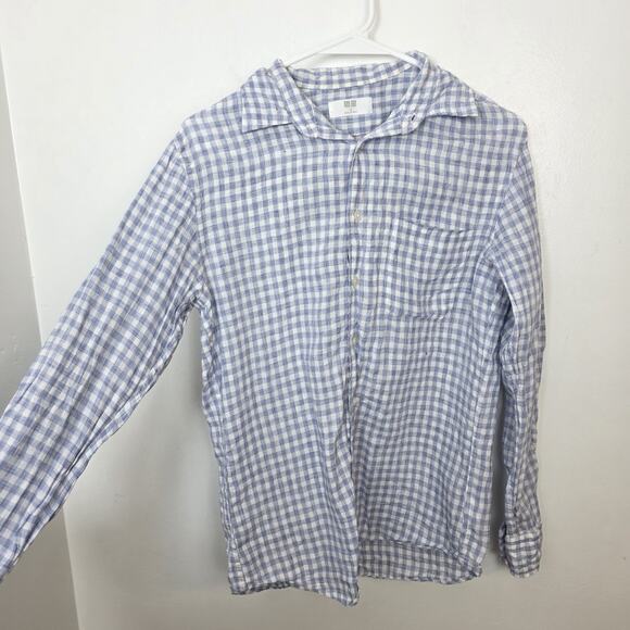 Uniqlo Blue White Gingham 100% Linen Button Up Coastal Long Sleeve Shirt Size S - Picture 2 of 7